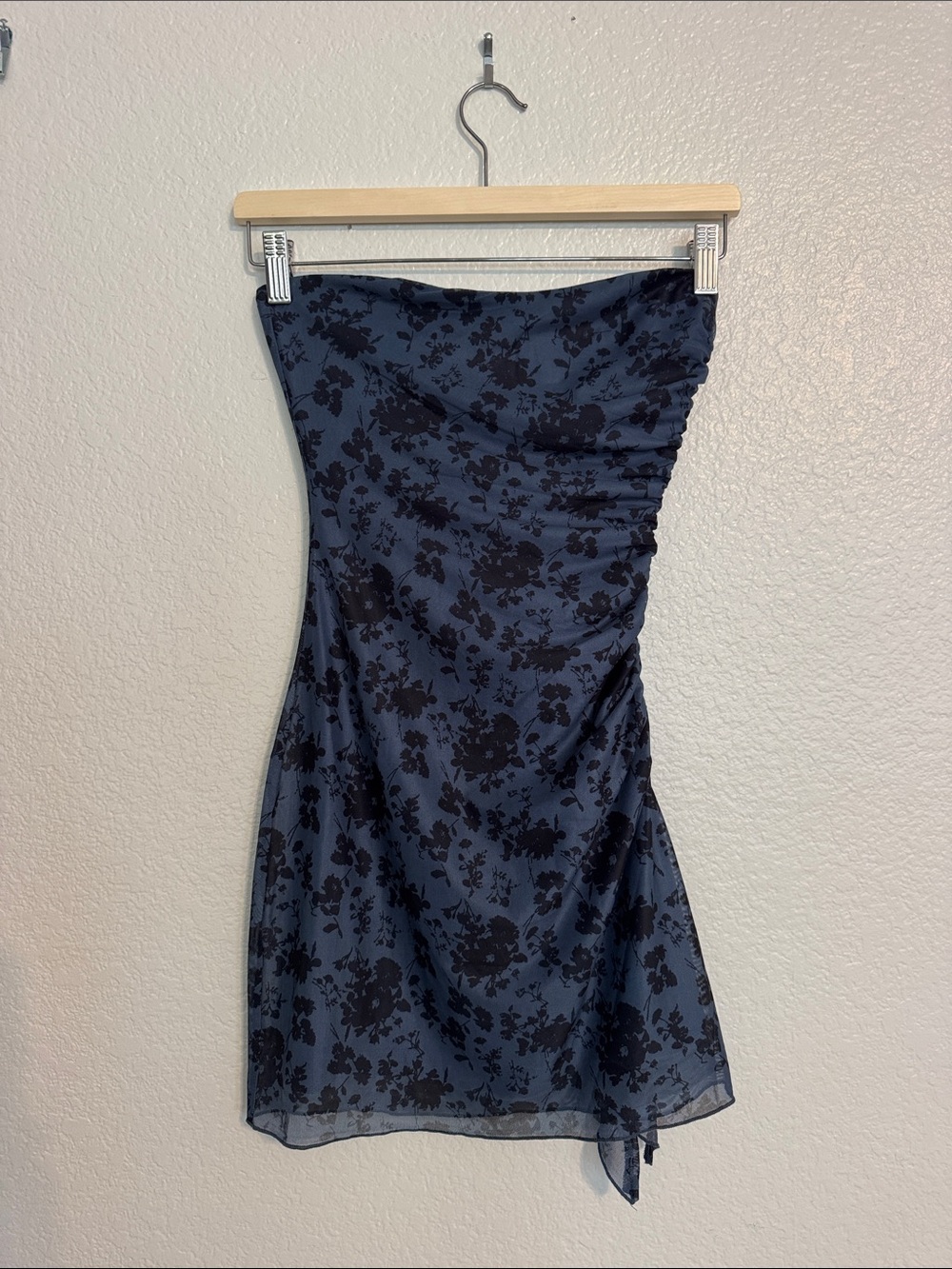 Strapless Navy Blue Floral Ruched Dress
